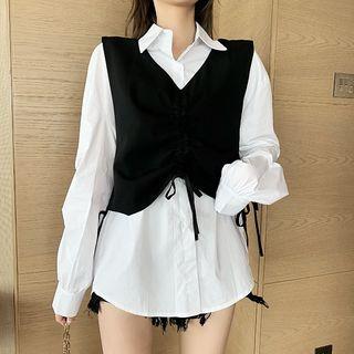 Long-sleeve Plain Shirt / Drawstring Vest