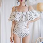 Dotted Ruffle Cold Shoulder Swimsuit