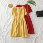 Square-collar Single-breasted Short-sleeve Dress