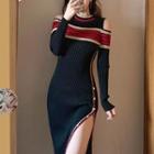 Striped Cold-shoulder Midi Knit Dress