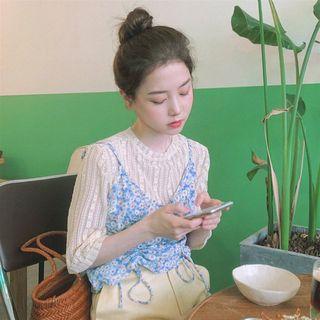 Floral Camisole Top / Lace Elbow-sleeve Top