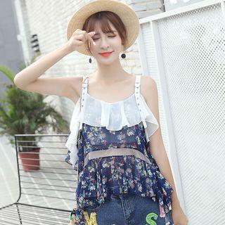 Floral Print Ruffle Trim Chiffon Tank Top