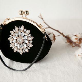 Rhinestone Velvet Bag With Strap Black - One Size