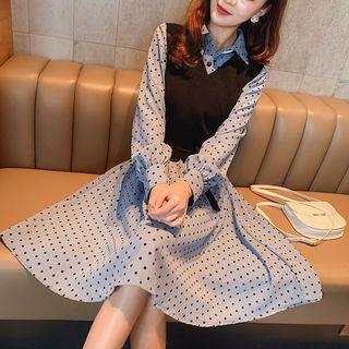 Set: Polka Dot Shirtdress + Knit Vest