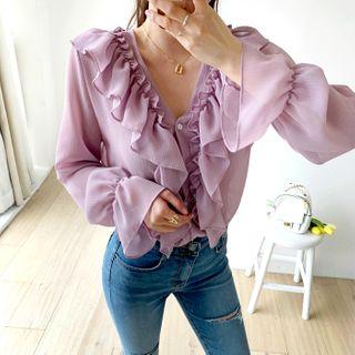 Frill-trim Bell-cuff Sheer Blouse