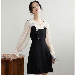 Set: Layered Collar Chiffon Blouse + Pinafore Dress