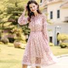 Long-sleeve Lace-trim Floral Chiffon Dress