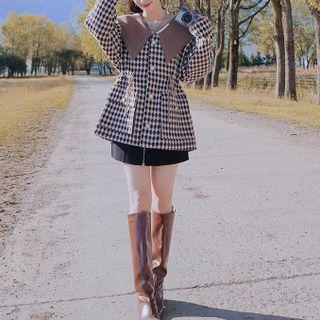 Long-sleeve Houndstooth Panel Coat