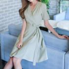 Short-sleeve Wrapped Neck Tied Dress