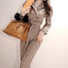 Set: Plaid Double-breasted Knit Jacket + High Waist Straight-cut Pants