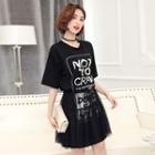 Mock Two Piece Lettering Short Sleeve Mesh Overlay Dress