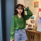Floral V-neck Long-sleeve Loose-fit Blouse Green - One Size