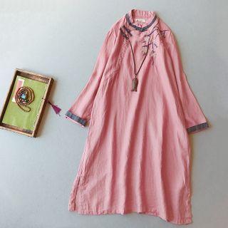 Flower Embroidered Long-sleeve Midi A-line Linen Dress