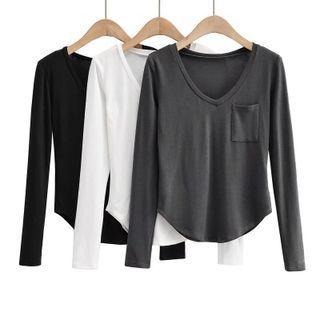 Long Sleeve V-neck Plain Loose-fit Top