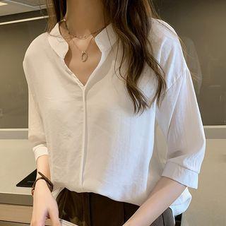 Plain Split-neck Elbow-sleeve Blouse