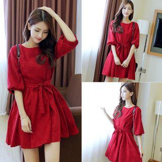 Plain 3/4 Sleeve Corduroy Dress