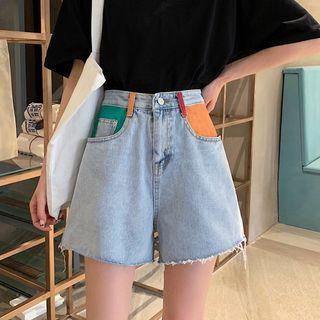 High-waist Color-block Denim Shorts