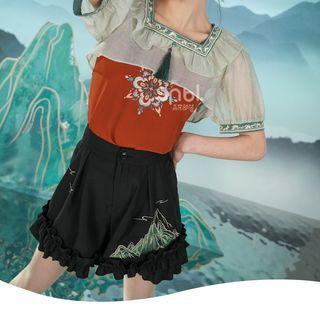 Short-sleeve Tasseled Sheer Top / Camisole / Frill Trim Shorts