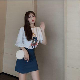 Cartoon Print T-shirt + Skirt Set