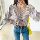 Drawstring-front Cropped Floral Blouse