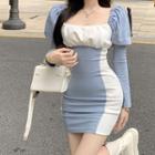 Long-sleeve Square-neck Two-tone Mini Bodycon Dress