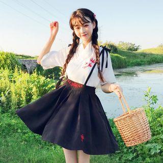 Embroidered Short-sleeve Hanfu Top / Suspender Skirt