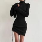 Long Sleeve Turtleneck Drawstring Sheath Dress