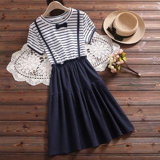 Mock Two-piece Short-sleeve Striped Paneled A-line Dress