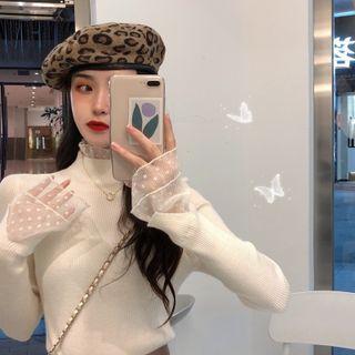 Long-sleeve Dotted Lace Trim Knit Top