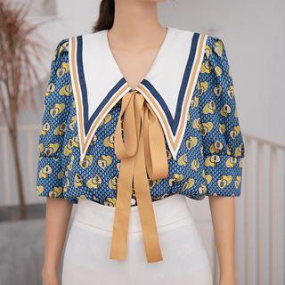 Contrast Collar Tie-neck Printed Elbow-sleeve Blouse