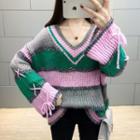 Lace-up Color Block V-neck Sweater