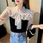 Long-sleeve Tie-neck Dotted Frill Trim Blouse