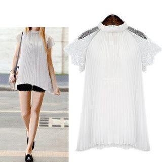 Lace Panel Pleated Short-sleeve Top