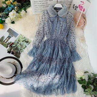 Set: Long-sleeve Star Print Midi A-line Tiered Mesh Dress + Slipdress