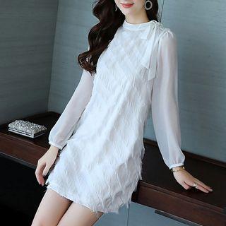 Long-sleeve Fringed Mini Chiffon Shift Dress