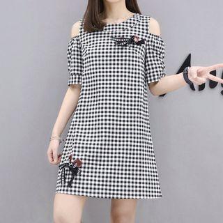 Plaid Cut Out Shoulder Elbow Sleeve Dress