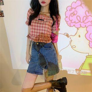 Plaid Ruffle Trim Short-sleeve Cropped Blouse