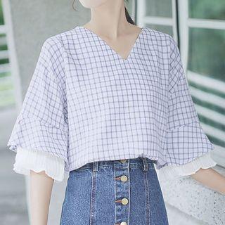 3/4-sleeve Paneled Checker Top