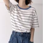 Round-neck Striped Short-sleeve T-shirt As Shown In Figure - One Size