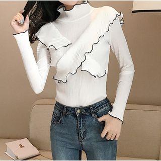 Contrast Trim Ruffled Long Sleeve Top