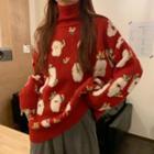 Turtleneck Santa Claus Print Sweater Red - One Size
