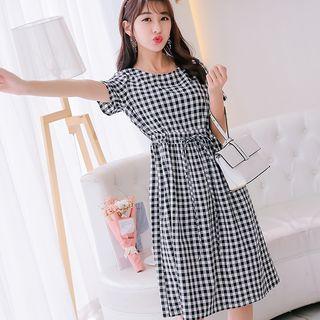 Plaid Short-sleeve Drawstring Waist A-line Dress
