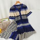 Short-sleeve Color Block Midi Knit Dress Blue - One Size