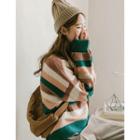 Bishop-sleeve Striped Sweater Pink & Green - One Size