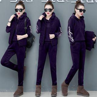 Set: Lettering Embroidered Velvet Hoodie + Sweatpants + Zip Hooded Padded Vest