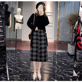 Set: Long-sleeve Top + Plaid Buttoned A-line Midi Skirt