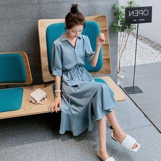 Elbow-sleeve Ruffle Hem Midi A-line Shirtdress