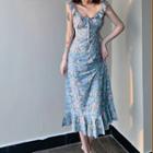 Spaghetti Strap Floral Print Midi A-line Dress Floral - Blue - One Size