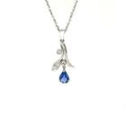 18k White Gold Flower Design Pendant Set With Blue Sapphire, Diamond One Size
