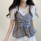 Inset Plaid Camisole Short Sleeve Crinkled Top